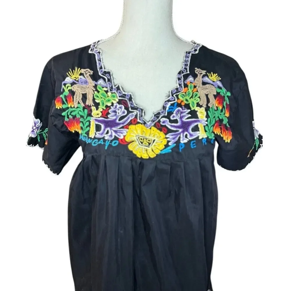 Vintage Hispanic maxi dress black Peru traditional embroidered cotton
